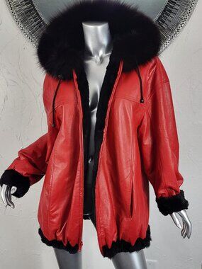 REVERSIBLE VINTAGE~XL~GENUINE RED LEATHER REAL BLACK RABBIT FOX FUR COAT JACKET